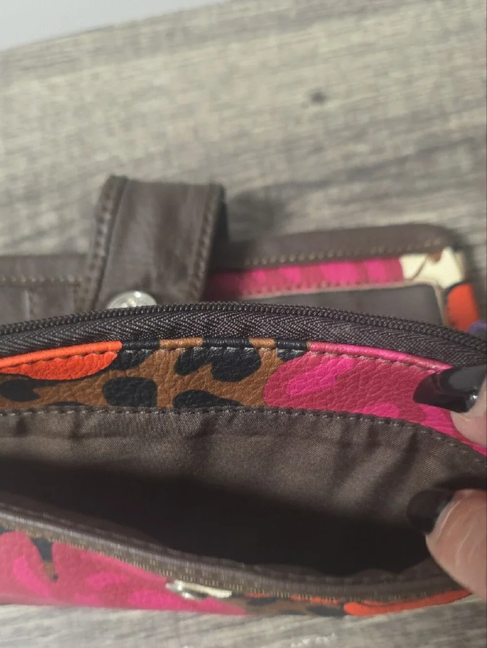 Relic Brown Floral Leopard Wristlet with Pink & Orange Accents